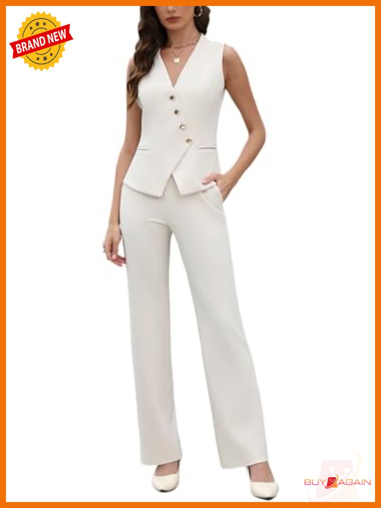 2 Piece Sleeveless Blazer Vest Pants Suit Set Business Professional Office